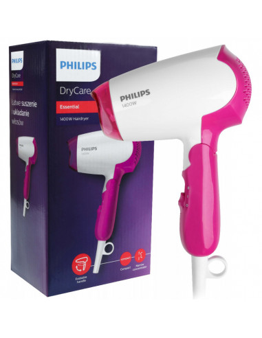 Uscător de păr compact Philips DryCare Essential BHD003/00, 1400 W, Alb | Roz