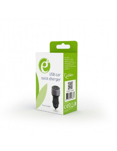 USB Car Charger - Gembird TA-U2QC3-CAR-01,2-port USB car fast charger, QC3.0, 36 W, black