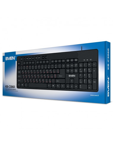 SVEN KB-C3060, Keyboard, Waterproof construction, 113 keys, 9 shortcut key, 1.5m, USB, Black, Rus/Ukr/Eng