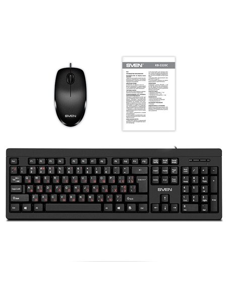 SVEN KB-S320C, Keyboard 104 keys + Mouse (Optical 800 dpi, 3+1 (scroll wheel)), Waterproof design, 1.5m, USB, Black, Rus/Ukr/Eng