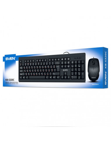 SVEN KB-S320C, Keyboard 104 keys + Mouse (Optical 800 dpi, 3+1 (scroll wheel)), Waterproof design, 1.5m, USB, Black, Rus/Ukr/Eng