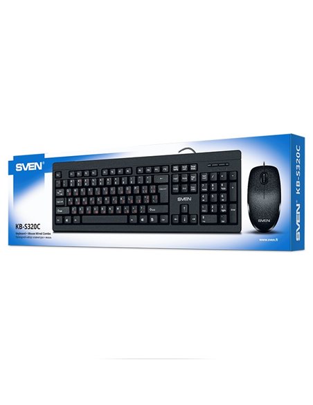 SVEN KB-S320C, Keyboard 104 keys + Mouse (Optical 800 dpi, 3+1 (scroll wheel)), Waterproof design, 1.5m, USB, Black, Rus/Ukr/Eng