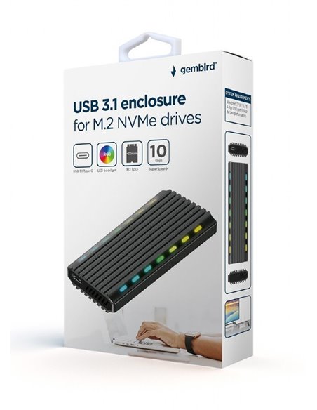 USB enclosure for M.2 NVMe drives, USB 3.1 gen 2 (10 Gbps), RGB LED backlight, aluminum, support: M.2 of 22 mm 2230, 2242, 22...