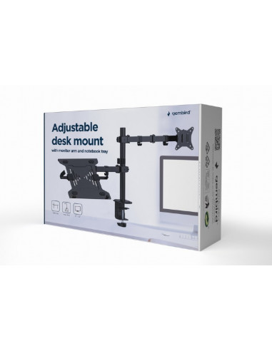 Gembird MA-DA-03, Adjustable desk mount with monitor arm and notebook tray, Supports monitors up to 32” and notebooks up to ...