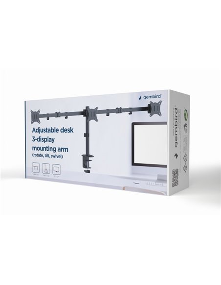 Arm for 3 monitors 17”-27” Gembird MA-D3-01, Adjustable desk 3-display mounting arm (rotate, tilt, swivel), up to 7 kg, VES... Arm for 3 monitors 17”-27” Gembird MA-D3-01, Adjustable desk 3-display mounting arm (rotate, tilt, swivel), up to 7 kg, VES...