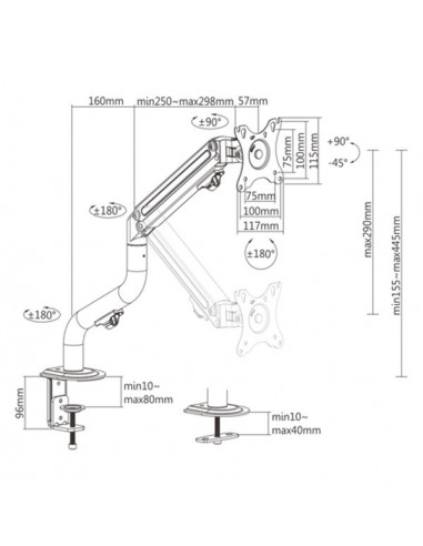 Arm for 1 monitor 17”-32” - Gembird MA-DA1-02, Adjustable desk display mounting arm, Gas spring 2-8kg, VESA 75/100, arm rotat...