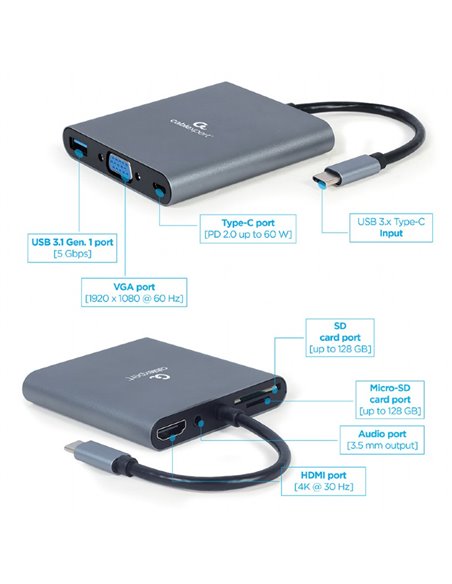 Многопортовый Адаптер Gembird A-CM-COMBO6-01/ USB-C/ USB-A 3.1/ 1xUSB-C/ HDMI/ VGA/ miniJack 3.5mm/ SD/ microSD