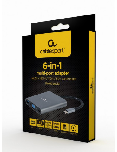 Adaptor Multiport Gembird A-CM-COMBO6-01/ USB-C/ USB-A/ 1xUSB-C/ HDMI/ VGA/ miniJack 3.5mm/ SD/ microSD