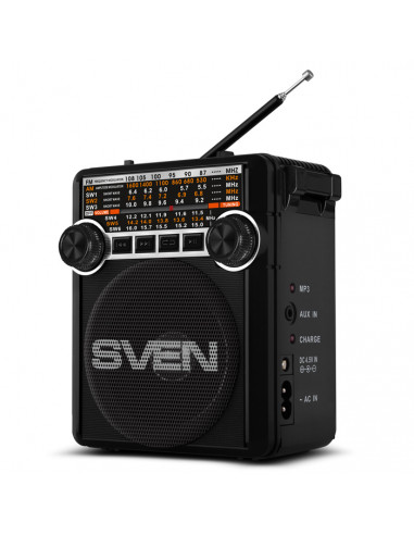 SVEN SRP-355 Black, FM/AM/SW Radio, 3W RMS, 8-band radio receiver, built-in audio files player from USB-fash, microSD and SD ...