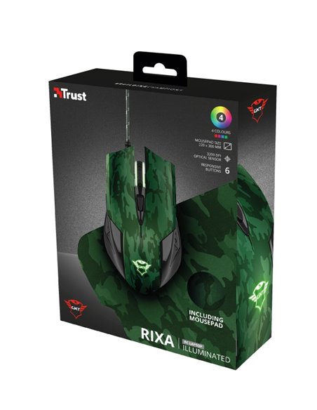 Trust Gaming GXT 781 Rixa Camo Mouse & Mouse Pad, 800 - 3200 dpi, 6 Responsive buttons, LED illumination with breathing effec... Trust Gaming GXT 781 Rixa Camo Mouse & Mouse Pad, 800 - 3200 dpi, 6 Responsive buttons, LED illumination with breathing effec...