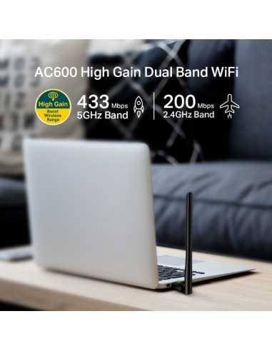 TP-LINK Archer T2U Plus AC600 Wireless Dual Band USB Adapter, 433Mbps on 5GHz + 150Mbps on 2.4GHz, 802.11a/b/g/n/ac, High Gai...