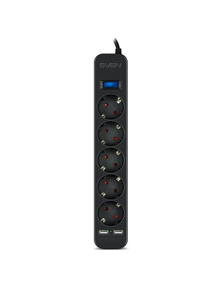 Surge Protector SVEN SF-05LU, 5 Sockets + 2 USB (2,4 A) , 5.0m, Black, color box