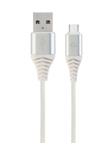Cable USB2.0/Type-C Premium cotton braided - 1m - Cablexpert CC-USB2B-AMCM-1M-BW2, Silver/White, USB 2.0 A-plug to type-C plu...