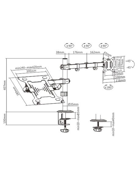 Gembird MA-DA-03, Adjustable desk mount with monitor arm and notebook tray, Supports monitors up to 32” and notebooks up to ...