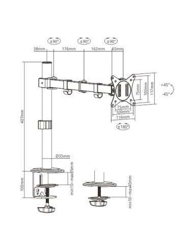 Arm for 1 monitor 17”-32” Gembird MA-D1-01, Adjustable desk display mounting arm (rotate, tilt, swivel), VESA 75/100, up to...