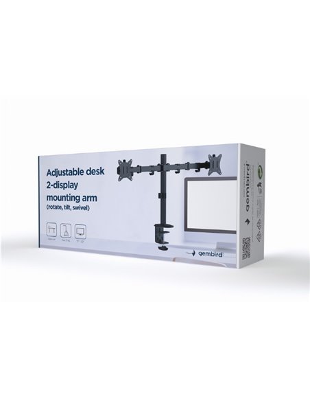 Arm for 2 monitors 17”-32” Gembird MA-D2-01, Adjustable desk 2-display mounting arm (rotate, tilt, swivel), VESA 75/100, up...