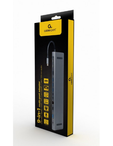 Hub Multiport Gembird A-CM-COMBO9-01/ USB-C/ 5xUSB-A/ 1xUSB-C/ HDMI/ VGA/ RJ45/ miniJack 3.5mm/ SD/ microSD