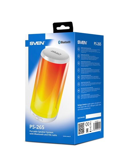 Bluetooth Портативные колонки SVEN PS-265 White / 10W RMS / TWS / RGB 12 lighting modes with Night Light / FM tuner / USB & m...