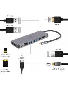 Многопортовый Адаптер Gembird A-CM-COMBO5-05/ USB-C/ 3xUSB-A/ 1xUSB-C (PD 100W)/ HDMI/ RJ45/ SD 2