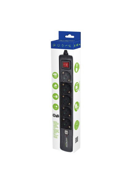 Сетевой фильтр Energenie SPG5-U2-5, 5 Розеток, 1,5м, Чёрный