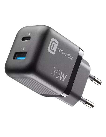 Зарядное устройство Cellularline Wall Charger GAN, 2 Ports, 30W, 30Вт, Чёрный