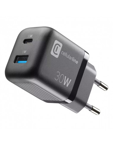Зарядное устройство Cellularline Wall Charger GAN, 2 Ports, 30W, 30Вт, Чёрный