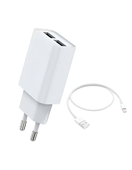 Helmet Wall Charger with Cable USB to Lightning 2xUSB 2.4A, White