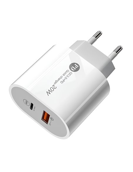 Helmet Wall Charger USB/Type-C PD, QC3.0 20W, White