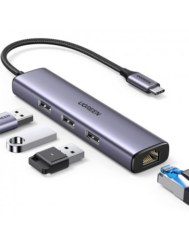 UGREEN HUB 4in1 USB 3.0 to 3*USB 3.0 + Gigabit RJ45 0.28M, Black