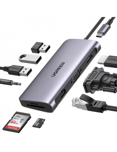 UGREEN HUB 11in1 Type-C 3.0 to 2*USB 3.1 + USB 3.0 + Type-C 3.1 + 2*HDMI + SD/TF + 3.5mm Audio PD 100W CM179, Space Gray