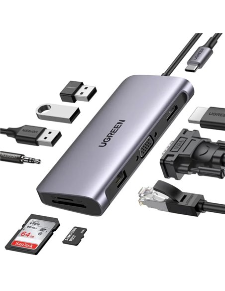 UGREEN HUB 11in1 Type-C 3.0 to 2*USB 3.1 + USB 3.0 + Type-C 3.1 + 2*HDMI + SD/TF + 3.5mm Audio PD 100W CM179, Space Gray