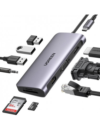 UGREEN HUB 10in1 Type-C 3.0 to 3*USB 3.0 + HDMI + VGA + Gigabit RJ45 +SD/TF + 3.5mm Audio PD 100W CM681, Space Gray