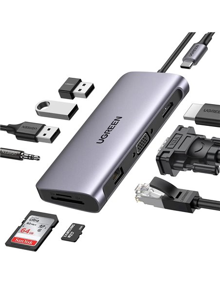 UGREEN HUB 10in1 Type-C 3.0 to 3*USB 3.0 + HDMI + VGA + Gigabit RJ45 +SD/TF + 3.5mm Audio PD 100W CM681, Space Gray