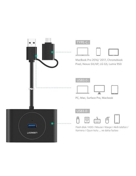 UGREEN HUB 4in1 USB 3.0 with Type-C adapter to 4*USB 3.0 1M CR113, Black