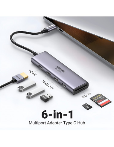UGREEN HUB 6in1 Type-C 3.0 to HDMI 4K@60Hz + 3*USB-A 3.0 + SD/TF Converter CM511, Silver
