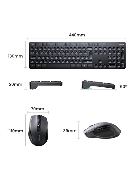 UGREEN Wireless Combo Keyboard and Mouse Ergonomic US MK006, Black