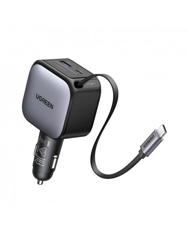 UGREEN Car Charger 1*Type-C+1*USB-A with Type-C Cable, Retractable, 90W, Grey | EC603