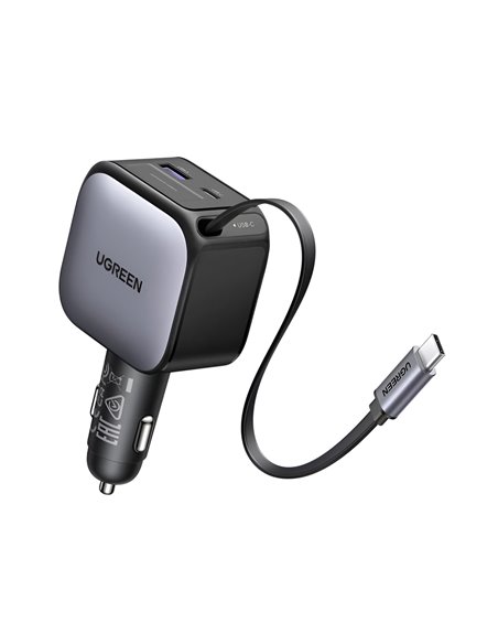 UGREEN Car Charger 1*Type-C+1*USB-A with Type-C Cable, Retractable, 90W, Grey | EC603