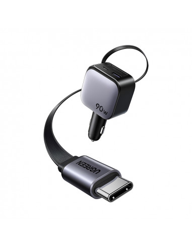 UGREEN Car Charger 1*Type-C+1*USB-A with Type-C Cable, Retractable, 90W, Grey | EC603