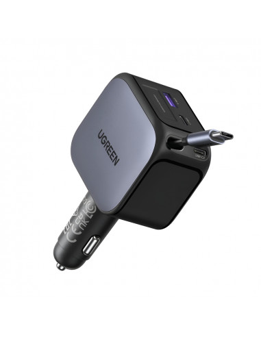 UGREEN Car Charger 1*Type-C+1*USB-A with Type-C Cable, Retractable, 145W, Black | EC604