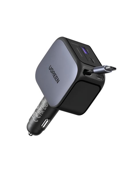 UGREEN Car Charger 1*Type-C+1*USB-A with Type-C Cable, Retractable, 145W, Black | EC604