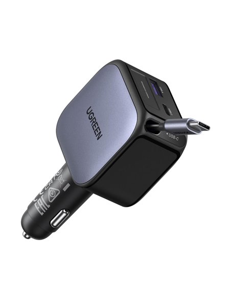 UGREEN Car Charger 1*Type-C+1*USB-A with Type-C Cable Retractable, 60W, Black | EC602