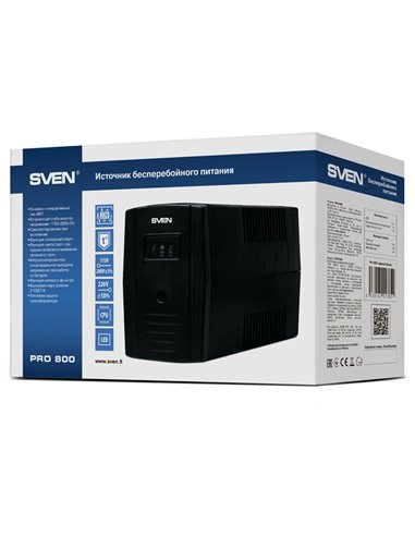 SVEN Pro 800, Line-interactive UPS with AVR, 800VA /480W, 2x Schuko outlets, 1x9AH, AVR: 165-275V, Cold start function, Black
