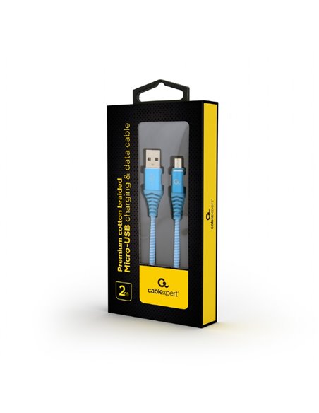 Cable USB2.0/Micro-USB Premium cotton braided - 2m - Cablexpert CC-USB2B-AMmBM-2M-VW, Blue/White, USB 2.0 A-plug to Micro-USB...