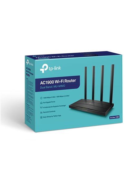 Wireless Router TP-LINK Archer C80 / AC1900 Dual Band / Wi-Fi5 / Gigabit / 1WAN+4LAN / 4 fixed antennas Wireless Router TP-LINK Archer C80 / AC1900 Dual Band / Wi-Fi5 / Gigabit / 1WAN+4LAN / 4 fixed antennas