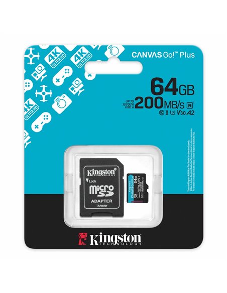Card de memorie microSD 64GB Kingston Canvas Go! Plus, A2, 170MB/s, + SD adapter