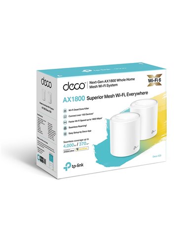 TP-LINK Deco X20(2-pack) AX1800 Mesh Wi-Fi 6 System, 2 LAN/WAN Gigabit Port, 1201Mbps on 5GHz + 574Mbps on 2.4GHz, 802.11ax/...