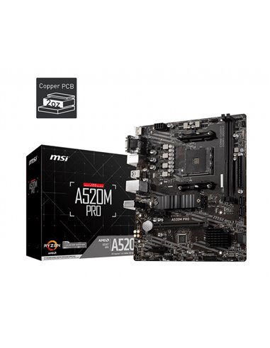 MSI A520M PRO, Socket AM4, AMD A520, Dual 2xDDR4-4600, APU AMD graphics, VGA, HDMI, DP, 1xPCIe X16, 4xSATA3, RAID, 1xM.2 Slot...