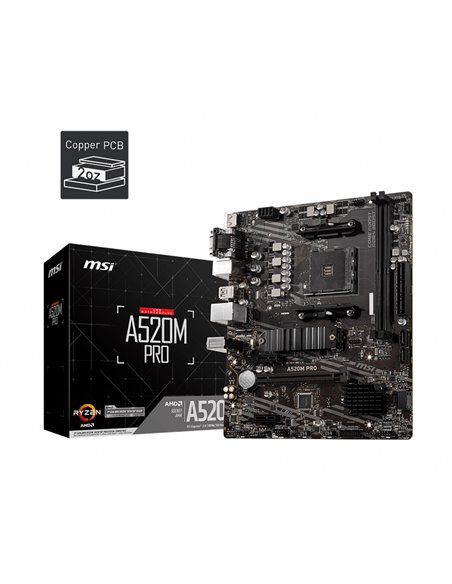 MSI A520M PRO, Socket AM4, AMD A520, Dual 2xDDR4-4600, APU AMD graphics, VGA, HDMI, DP, 1xPCIe X16, 4xSATA3, RAID, 1xM.2 Slot...