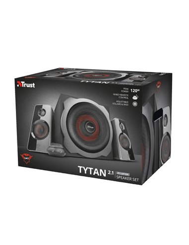 Trust Gaming GXT 38 Tytan 2.1 Ultimate Bass Speaker Set, Wooden subwoofer for rich and powerful sound, 120w - Black